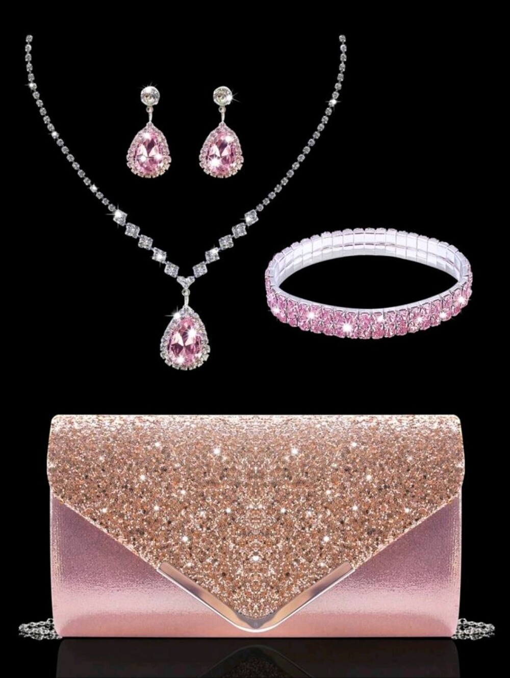 Sparkle Rose Gold Glitter Envelope Clutch with Jewelry Set